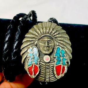 Vintage EJC Native American Chief Turq/Coral Bolo